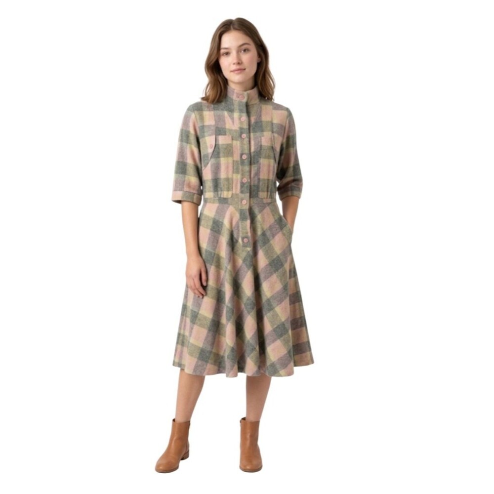 VINTAGE Shirt Dress Coral Brand Plaid Button Up Front Storm Shields Size 13/14